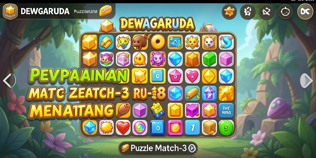 Antarmuka DEWAGARUDA dengan elemen Puzzle Match-3 yang mengasyikkan.