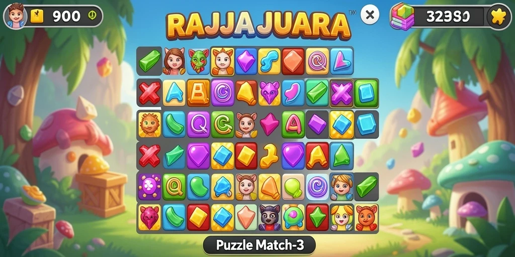 Antarmuka menarik permainan Puzzle Match-3 RAJAJUARA.